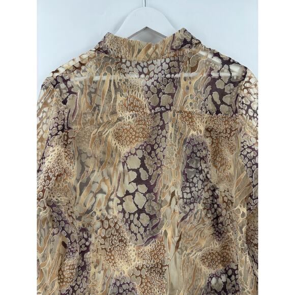 Bamboo Traders Button Up Shirt Womens Large Gold Brown Sheer Flax Animal Print - Picture 11 of 16